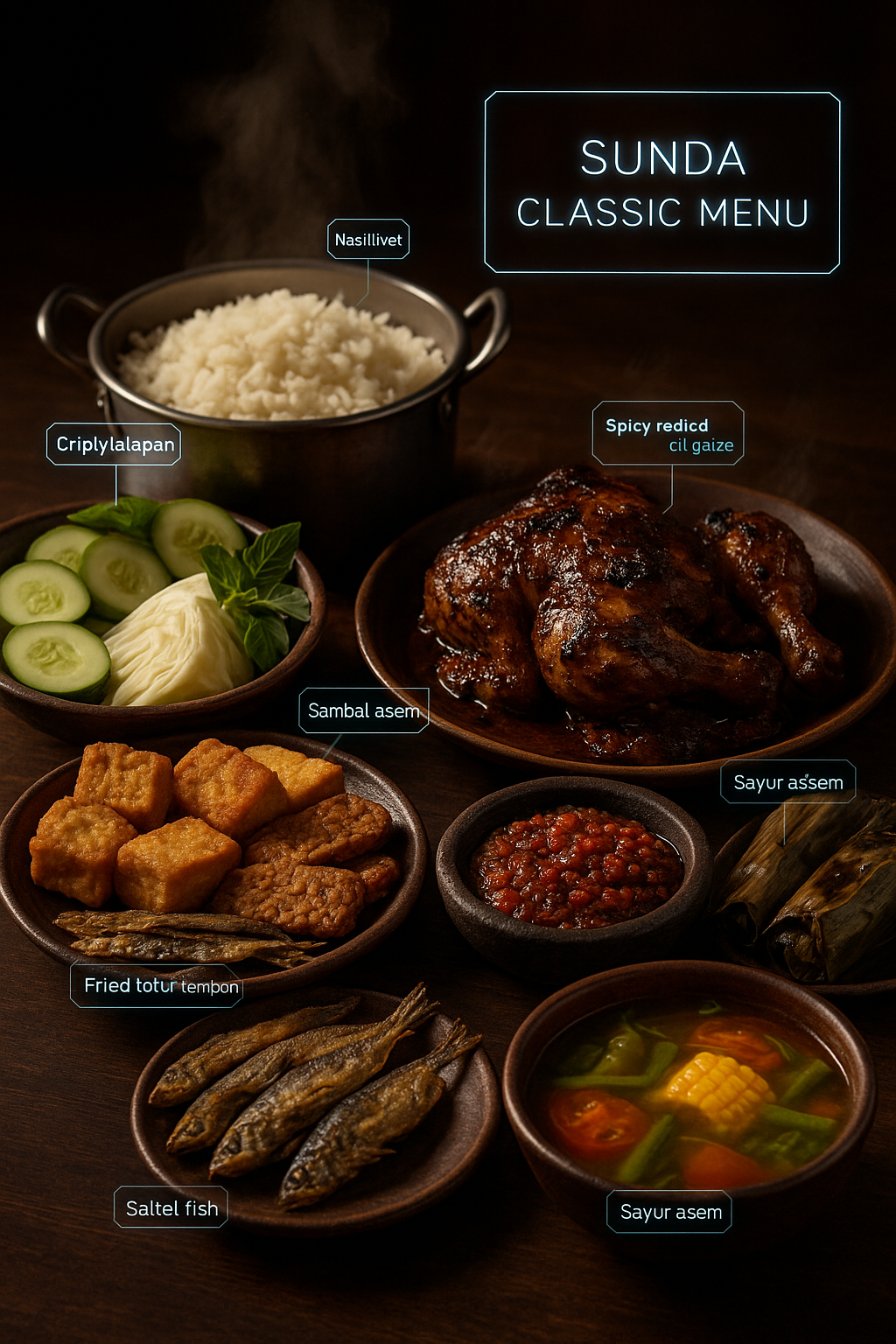 Ultra photorealistic 8K food photography of a full traditional Sundanese meal on a dark wooden table. A rich spread of Indonesian Sundanese dishes: nasi liwet in a metal pot, grilled chicken with sweet soy glaze and chili sambal, crispy fried tofu and tempeh, fresh lalapan (cucumber, cabbage, basil leaves), sambal in a stone mortar, salted fish, pepes ikan wrapped in banana leaves, and sayur asem served in rustic clay bowls. Beautiful family-style table presentation, cinematic soft warm side lighting, shallow depth of field, extreme texture detail on the food (oily shine, char marks, steam). Add a subtle modern digital accent: small translucent holographic UI elements floating above the table, like AR labels and a minimal glowing frame saying 'Sunda Classic Menu'. The holograms should look futuristic but not block the food. Shot angle is slightly above three-quarter angle, not top-down. Hyper realistic, high dynamic range, 8K resolution